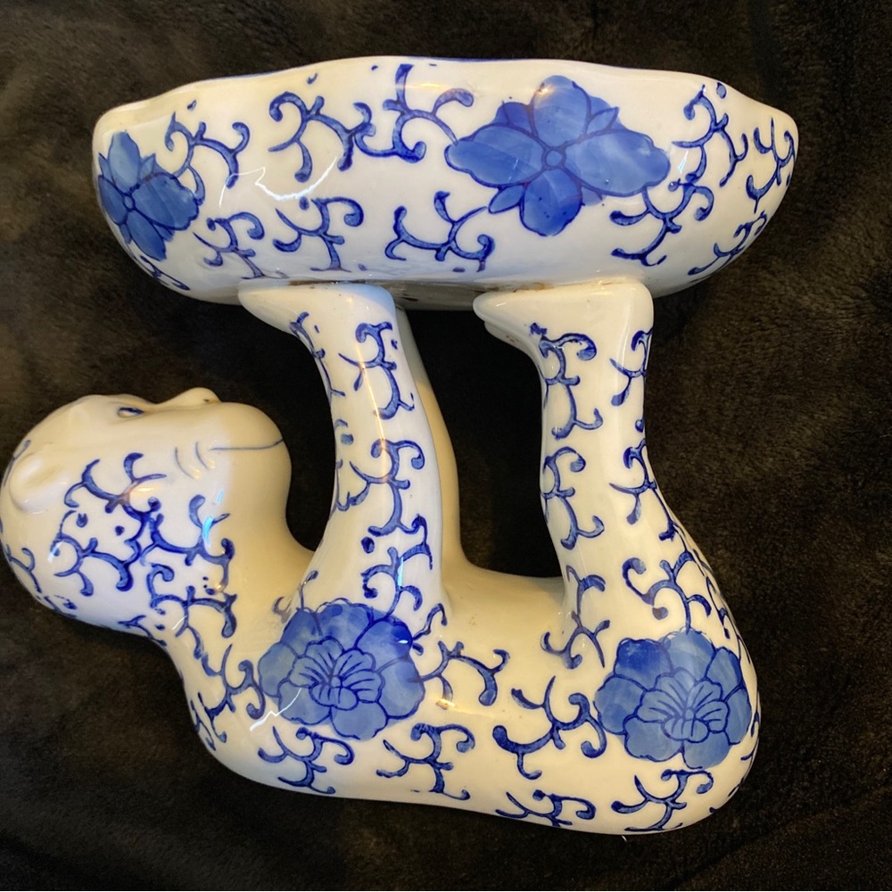 Vintage Chinoiserie Blue and White Monkey Holding a Bowl Decorative Hold…